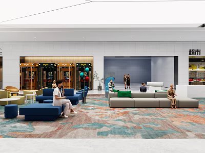 Modern Front Desk Reception Area With Sofa Seating People And Colorful Floor Tiles Near Supermarket 3d model