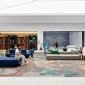Modern Front Desk Reception Area With Sofa Seating People And Colorful Floor Tiles Near Supermarket