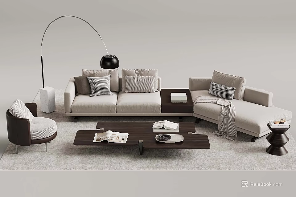Modern Living Room Interior With L Shaped Sofa Wooden Coffee Table And Arc Floor Lamp 3d model 