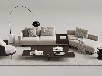 Modern Living Room Interior With L Shaped Sofa Wooden Coffee Table And Arc Floor Lamp 3d model