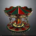 Children Enjoying Fun Carousel Ride With Red Green Canopy And Golden Decorations