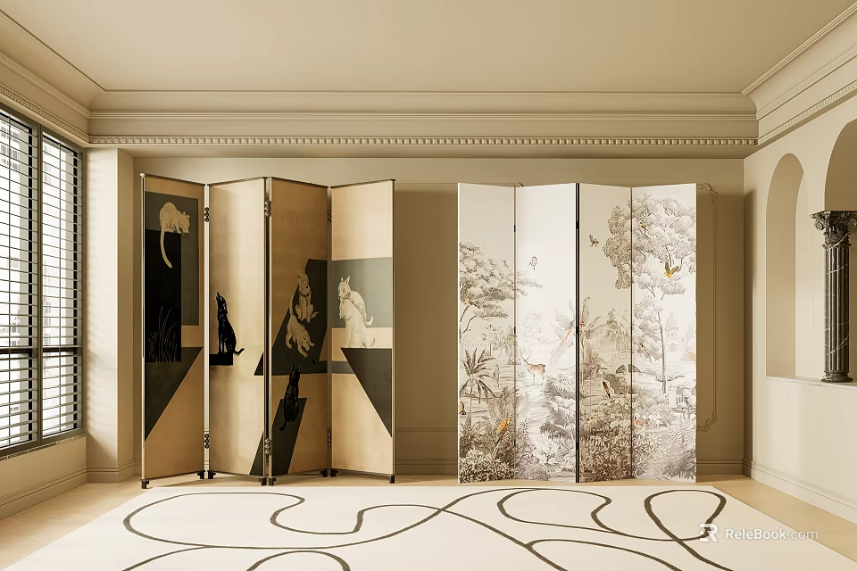 Folding Screen with Artistic Botanical And Animal Prints in Elegant Beige Living Room Interior 3d model 