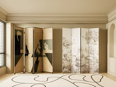 Folding Screen with Artistic Botanical And Animal Prints in Elegant Beige Living Room Interior 3d model