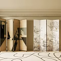 Folding Screen with Artistic Botanical And Animal Prints in Elegant Beige Living Room Interior