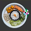 Fresh Salmon Fillet Served with Rice Noodles Lettuce on White Plate and Colorful Square