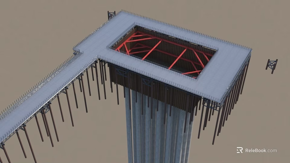 Steel Frame Structure With Support Columns Platform And Red Internal Beams 3d model