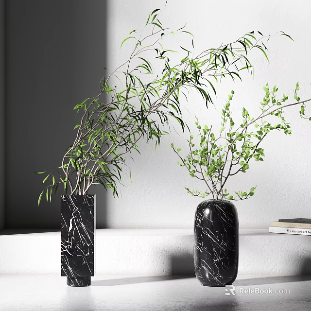 Two Black Marble Vases With Fresh Green Branches On White Shelf 3d model