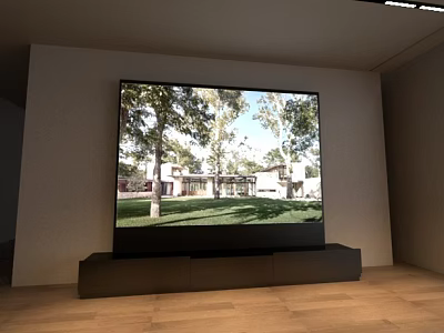 Large TV Displaying Outdoor View on Black Stand in Room With Light Wall Wooden Floor 3d model