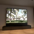 Large TV Displaying Outdoor View on Black Stand in Room With Light Wall Wooden Floor