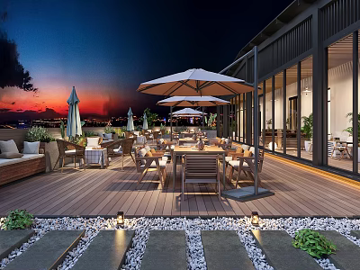Outdoor Patio With Wooden Deck Dining Tables Chairs Umbrellas Sunset View Glass Windows And Plants 3d model