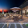 Outdoor Patio With Wooden Deck Dining Tables Chairs Umbrellas Sunset View Glass Windows And Plants