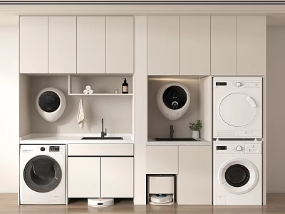 Modern Laundry Room With Washing Machines Dryer Sink And Storage Cabinets 3d model