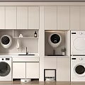 Modern Laundry Room With Washing Machines Dryer Sink And Storage Cabinets