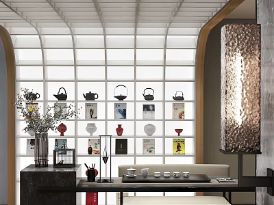 Modern Tea Room With Glass Grid Windows Tea Sets Display Decorative Vase And Stone Texture Lamp 3d model