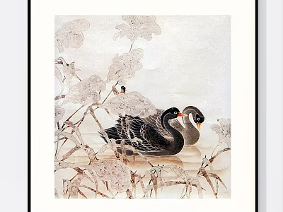 Artistic Animal Painting With Black Swans Swimming In Water Among Reeds 3d model