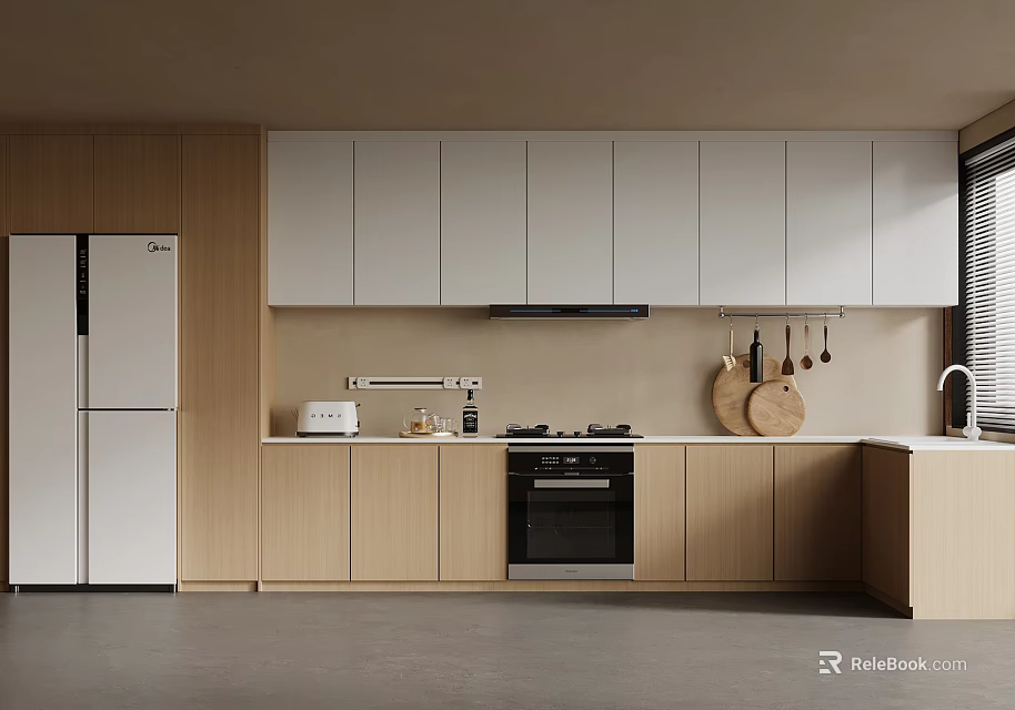 Modern Kitchen Interior Design With Light Wood Cabinets White Refrigerator Oven And Stove 3d model 