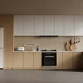 Modern Kitchen Interior Design With Light Wood Cabinets White Refrigerator Oven And Stove