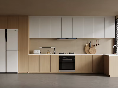 Modern Kitchen Interior Design With Light Wood Cabinets White Refrigerator Oven And Stove 3d model
