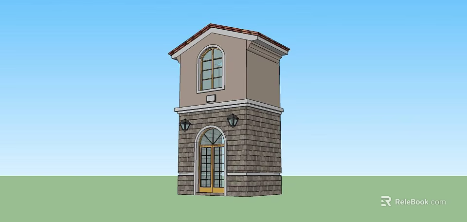 Tower Structure With Stone Wall Arched Yellow Door Upper Window Red Roof And Side Lamps 3d model 