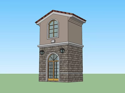 Tower Structure With Stone Wall Arched Yellow Door Upper Window Red Roof And Side Lamps 3d model