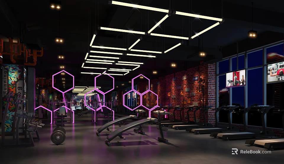 Modern Fitness Gym Interior With Hexagon Pink Lighting And Workout Equipment 3d model 