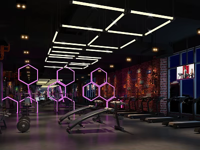 Modern Fitness Gym Interior With Hexagon Pink Lighting And Workout Equipment 3d model