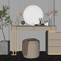 Modern Dressing Table With Round Mirror Potted Plant Stool And Drawers 3d model