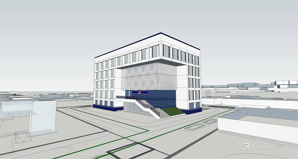 Modern Multi Storey Building Exterior Design With Large Windows Glass Facade And Entrance Steps 3d model 