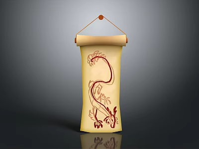 Red Dragon Pattern On Yellow Hanging Scroll With Traditional Art Design 3d model