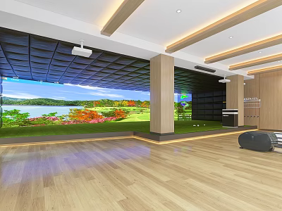 Spacious Interior Space Featuring Large Natural Landscape Screen And Wooden Flooring 3d model