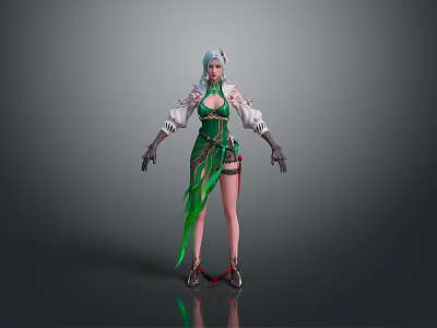 Child Character In Green And White Decorative Outfit With Blue White Hair And Long Boots 3d model