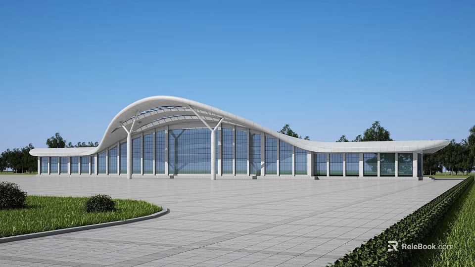 Modern Station Architectural Design With Curved Roof Glass Walls Spacious Plaza And Surrounding Greenery 3d model 