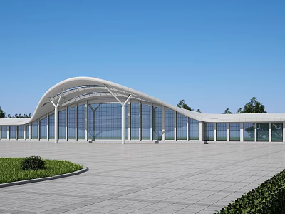 Modern Station Architectural Design With Curved Roof Glass Walls Spacious Plaza And Surrounding Greenery 3d model