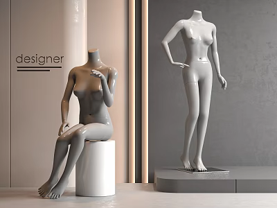 Designer Gray And White Mannequins Sitting On Cylinder And Standing In Modern 3d model