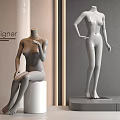 Designer Gray And White Mannequins Sitting On Cylinder And Standing In Modern