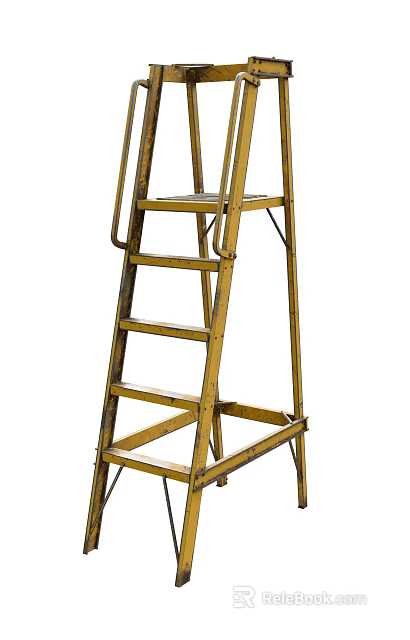 Vintage Yellow Metal Ladder Featuring Sturdy Steps And Classic Side Handrails 3d model 