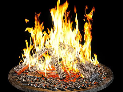 Outdoor Garden Fire Pit Ornament With Burning Flames Wood Logs And Circular Stone Base 3d model