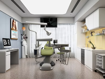 Dental Clinic Interior Featuring Green Treatment Chair TV Screen Poster And Equipment 3d model