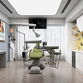 Dental Clinic Interior Featuring Green Treatment Chair TV Screen Poster And Equipment