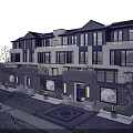 Chinese Modern Townhouses Exterior Design With Courtyard Stone Pathway Greenery And Large Windows