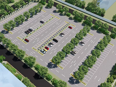 Spacious Parking Lot With Organized Spaces Parked Cars Green Trees And Yellow Markings 3d model