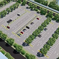 Spacious Parking Lot With Organized Spaces Parked Cars Green Trees And Yellow Markings