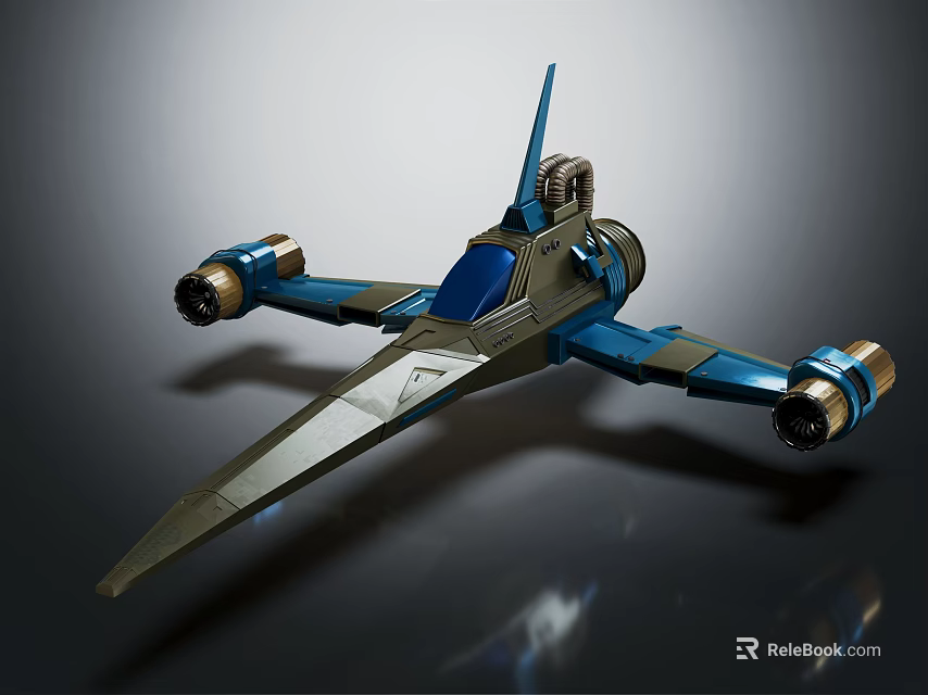 Sci Fi Spaceship Model With Blue And Silver Streamlined Winged Structure And Thrusters 3d model 