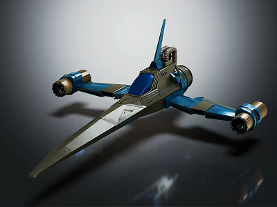Sci Fi Spaceship Model With Blue And Silver Streamlined Winged Structure And Thrusters 3d model