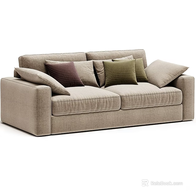 Modern Simple Beige Fabric Double Sofa With Multiple Colorful Cushions 3d model
