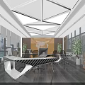 Modern Office Interior With Geometric Ceiling World Map Decor Large Windows And Green Plants