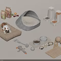 Essential Pet Supplies Collection With Bed Food Toys Bowls And Feeding Station