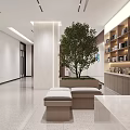 Sleek Modern Office Reception Counter With Light Wood Panel And Brand Logo On Marble Wall