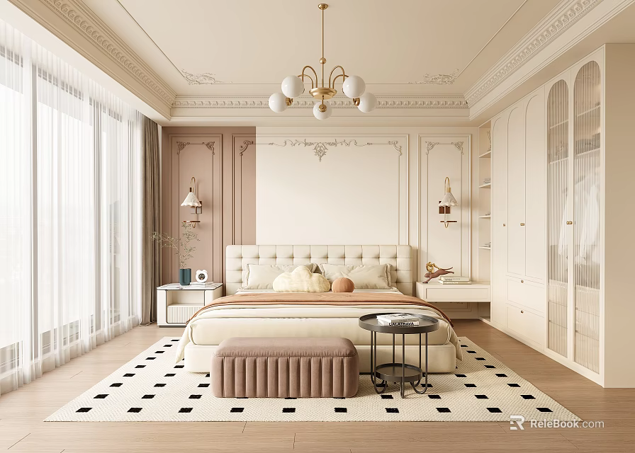 Luxurious Bedroom With Ornate Ceiling Chandelier Tufted Headboard Built In Wardrobes And Black White Rug 3d model 