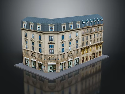 European Style Multi Story Residential Building Exterior With Blue Roof And Ground Floor Storefronts 3d model